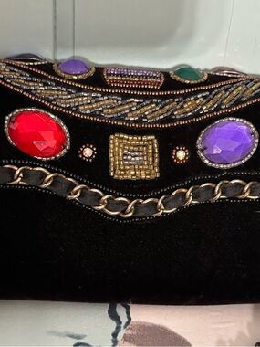 MAGID - Hand Made, Black Velvet Evening Clutch with Multicolor Gem Accents